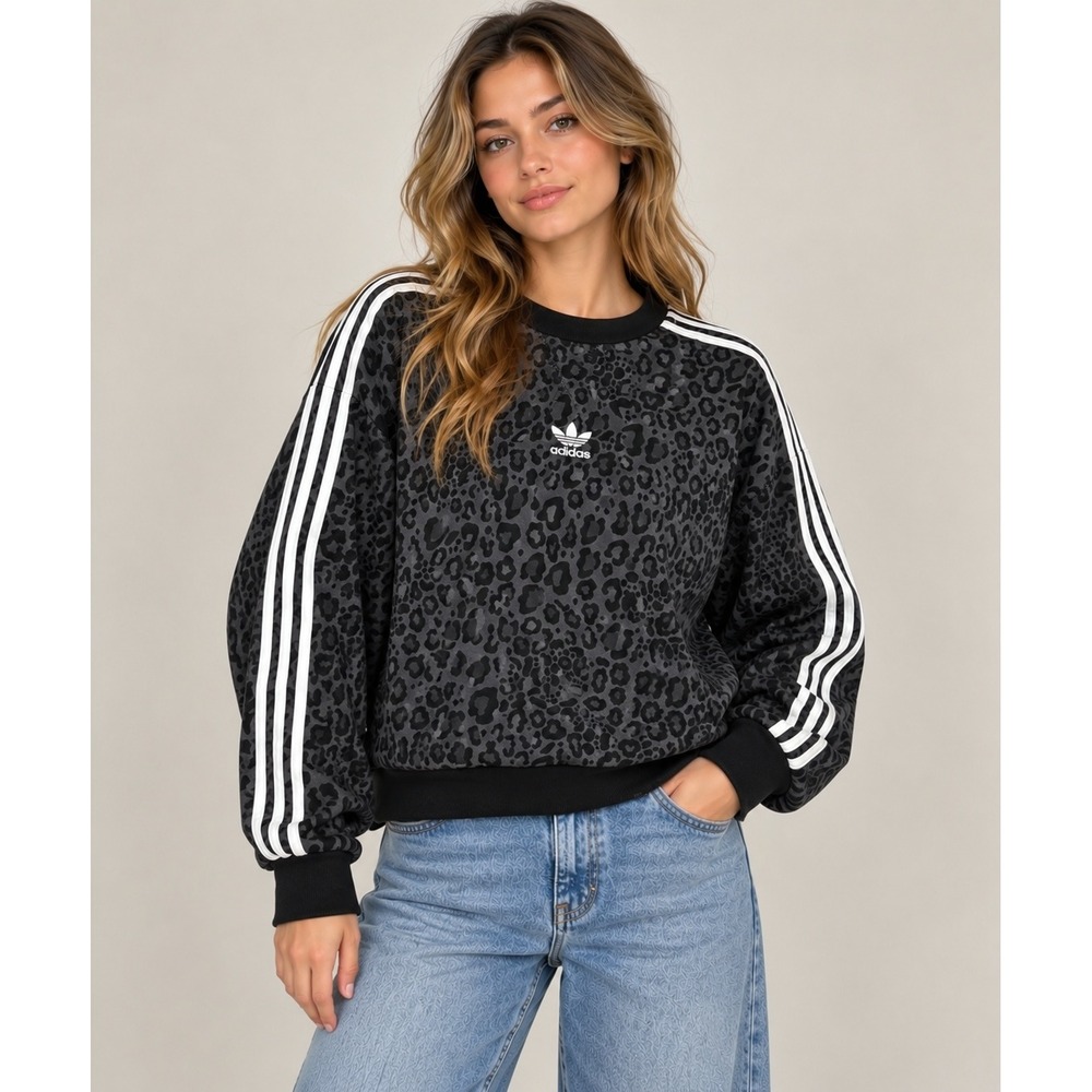 Adidas Originals Sweatshirt Grey Black Leopard Print 3-Stripes Trefoil Boxy XS